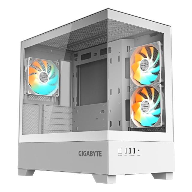 GIGABYTE - C201 PANORAMIC ICE Caja para PC – Torre media, m-ATX, compatible con radiador de 360 mm, 3 ventiladores preinstalados