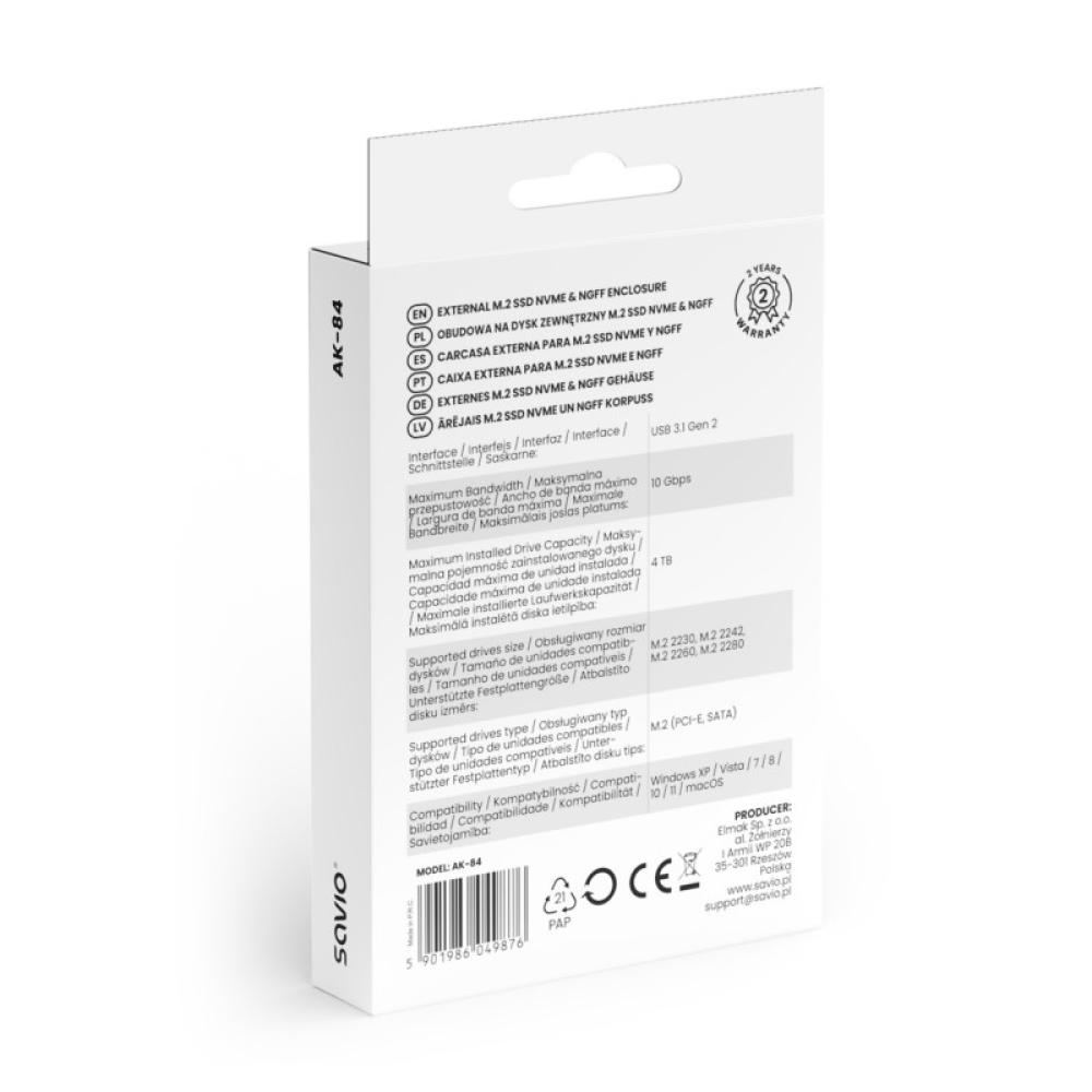 Savio - AK-84 caja para disco duro externo Caja externa para unidad de estado sólido (SSD) Negro M.2