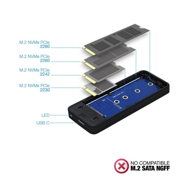TooQ - TQE-2280B caja para disco duro externo Caja externa para unidad de estado sólido (SSD) Negro M.2