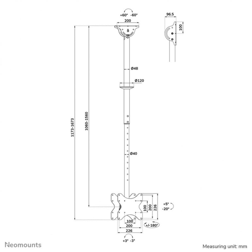 Neomounts - CL35-340BL22 Soporte de techo para doble monitor/TV 23-43" - alt. 106-156 cm