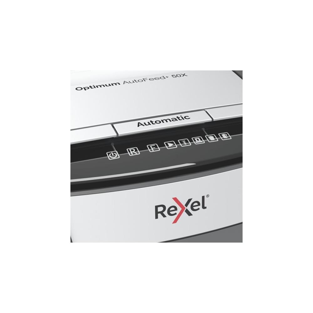 Rexel - Optimum AutoFeed+ 50X triturador de papel Corte cruzado 55 dB 22 cm Negro, Gris