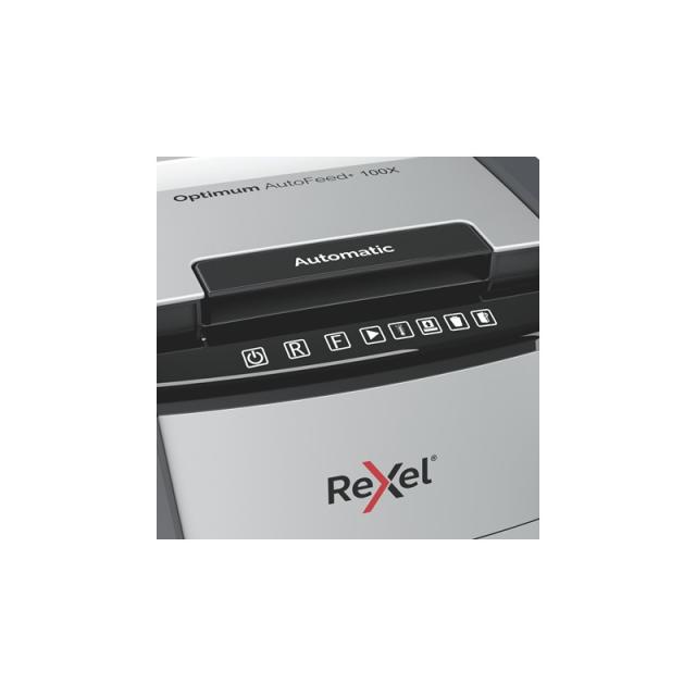 Rexel - Optimum AutoFeed+ 100X triturador de papel Corte cruzado 55 dB 22 cm Negro, Gris
