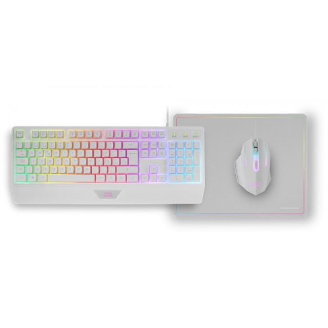 Mars Gaming - MCP124, Combo Gaming 3en1, Teclado Ergonómico H-Mech LED RGB, Ratón RGB 3200DPI Switches HUANO, Alfomb - MCP124WES