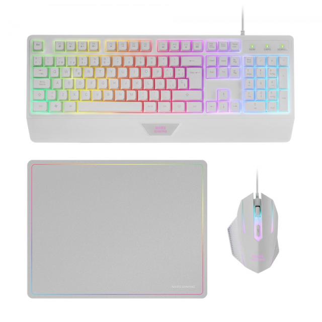 Mars Gaming - MCP124, Combo Gaming 3en1, Teclado Ergonómico H-Mech LED RGB, Ratón RGB 3200DPI Switches HUANO, Alfomb - MCP124WES