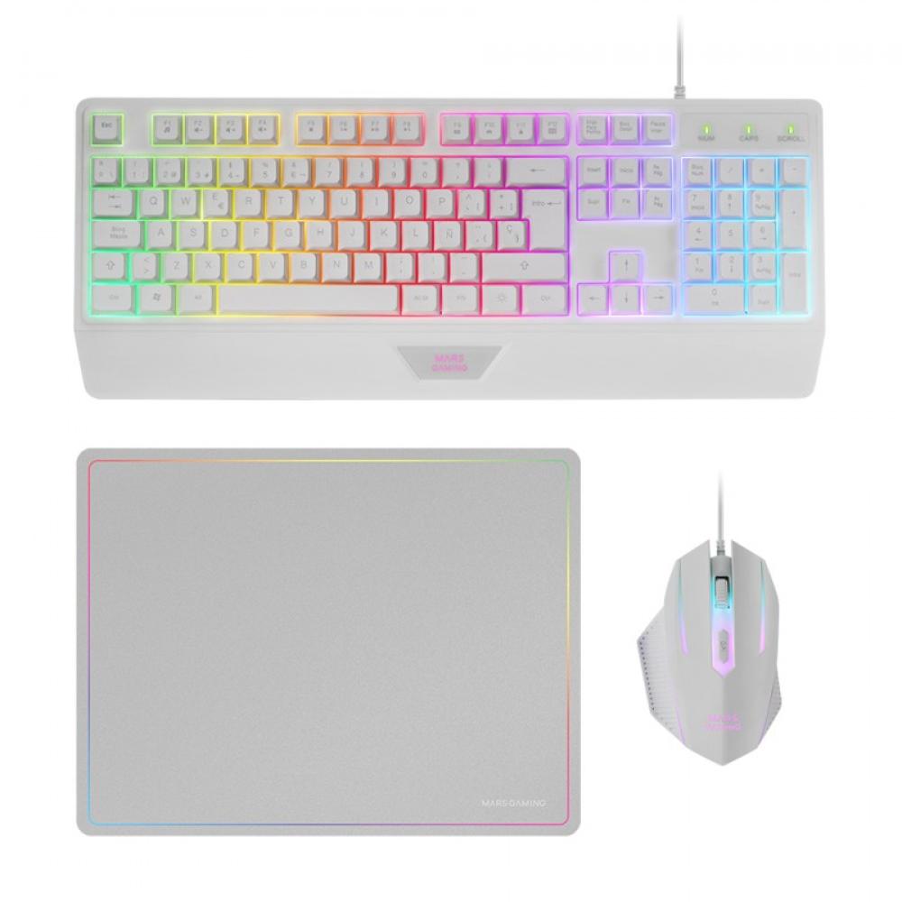 Mars Gaming - MCP124, Combo Gaming 3en1, Teclado Ergonómico H-Mech LED RGB, Ratón RGB 3200DPI Switches HUANO, Alfomb - MCP124WES