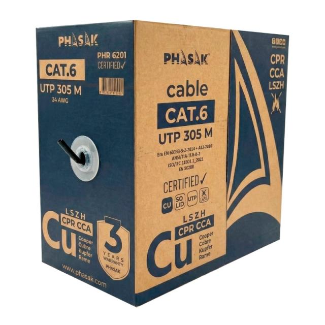 Phasak - Bobina de cable de red UTP Cat.6 cobre LSZH CPR Cca 305 m gris – PHR 6201