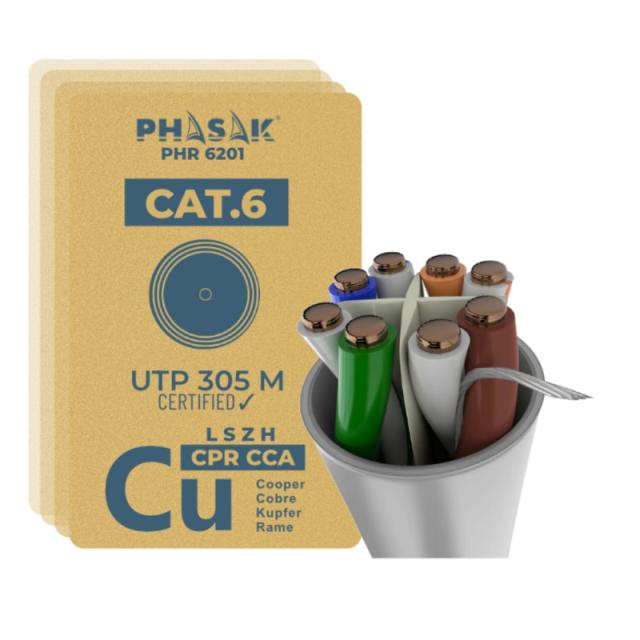 Phasak - Bobina de cable de red UTP Cat.6 cobre LSZH CPR Cca 305 m gris – PHR 6201
