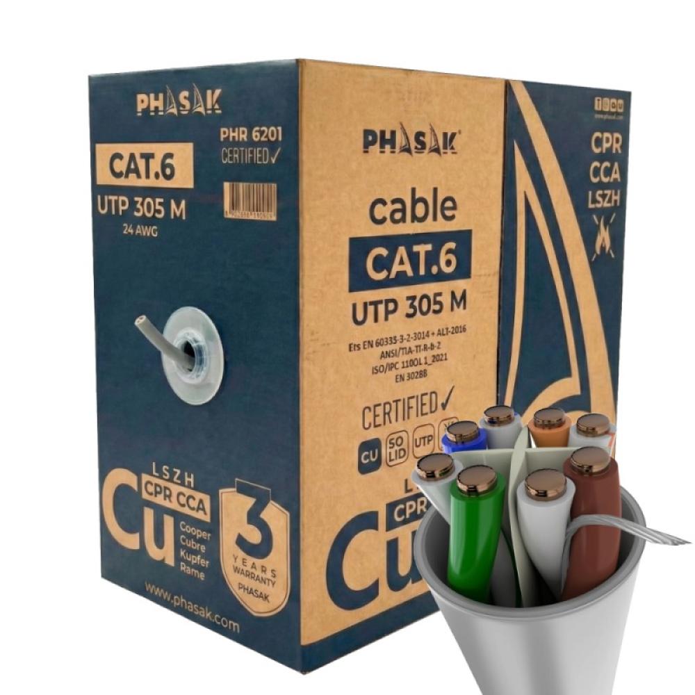 Phasak - Bobina de cable de red UTP Cat.6 cobre LSZH CPR Cca 305 m gris – PHR 6201