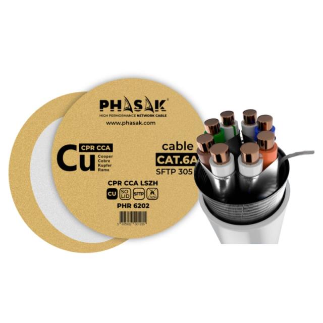 Phasak - Bobina de cable de red S/FTP Cat.6A cobre LSZH sólido CPR Cca 305 m gris – PHR 6202