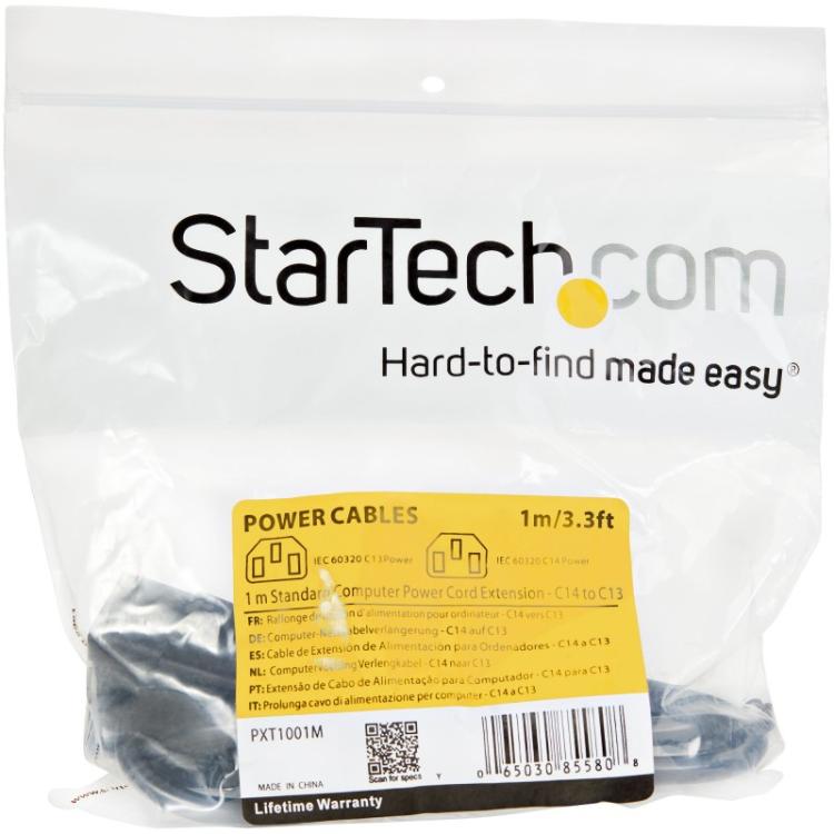 StarTech.com - Cable de 1m de Extensión de Alimentación, C14 a C13, 10A 125V, 18AWG, Alargador de Cable de Corriente de Ordenado