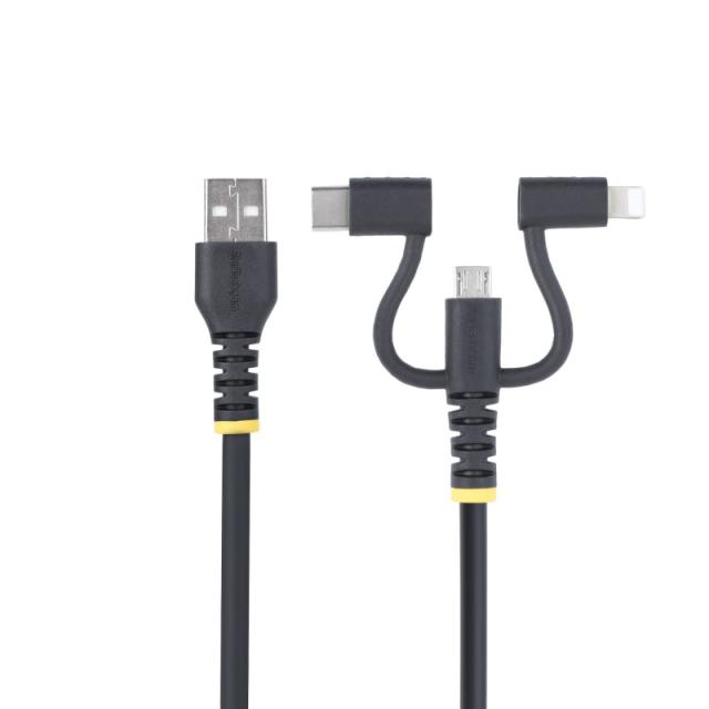 StarTech.com - Cable Multicarga Resistente USB de 1m - Lightning/Micro-USB/USB-C - Certificado Apple MFi - Recubrimiento de Aram