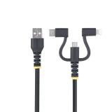 StarTech.com - Cable Multicarga Resistente USB de 1m - Lightning/Micro-USB/USB-C - Certificado Apple MFi - Recubrimiento de Aram