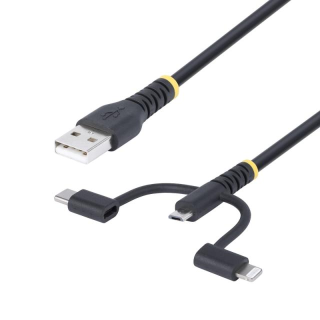 StarTech.com - Cable Multicarga Resistente USB de 1m - Lightning/Micro-USB/USB-C - Certificado Apple MFi - Recubrimiento de Aram