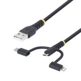 StarTech.com - Cable Multicarga Resistente USB de 1m - Lightning/Micro-USB/USB-C - Certificado Apple MFi - Recubrimiento de Aram