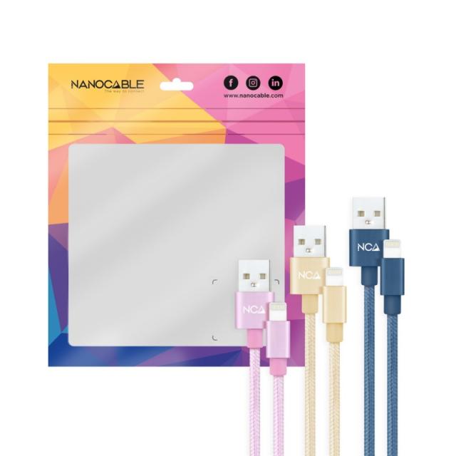 Nanocable - 3 Cables Lightning a USB 2.0, Lightning/M-USB A/M, Rosa, Dorado y Azul Pacífico, 1 m