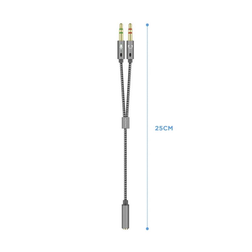 AISENS - Cable Adaptador Audio Jack 3.5 4pines/H-2xjack 3.5 3pines/M, Gris, 25cm