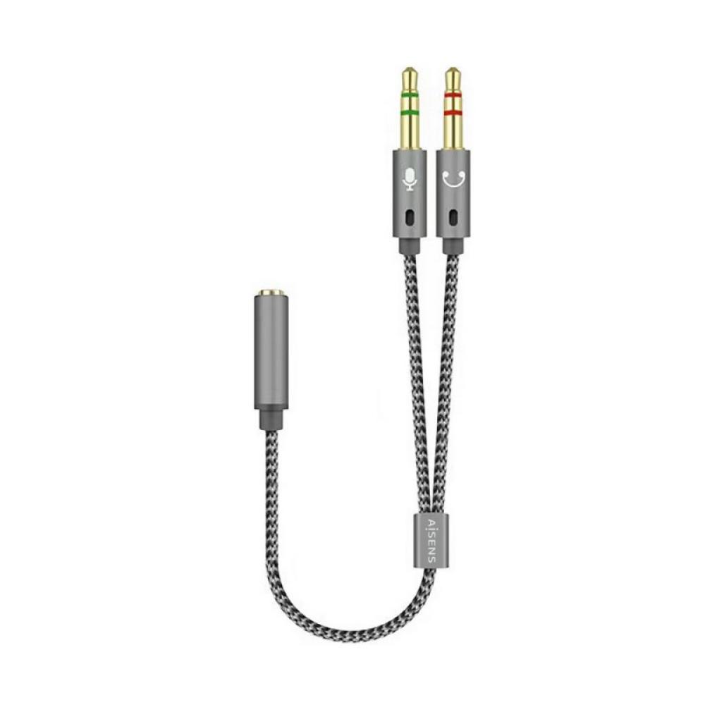 AISENS - Cable Adaptador Audio Jack 3.5 4pines/H-2xjack 3.5 3pines/M, Gris, 25cm