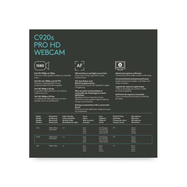 Logitech - 960-001252 cámara web 1920 x 1080 Pixeles USB Negro