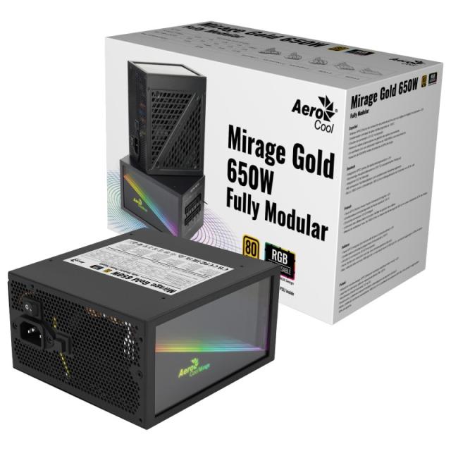 Aerocool - MIRAGEGOLD 650W Fuente Alimentación PC Modular RGB 80 Plus Gold Condensadores Japoneses