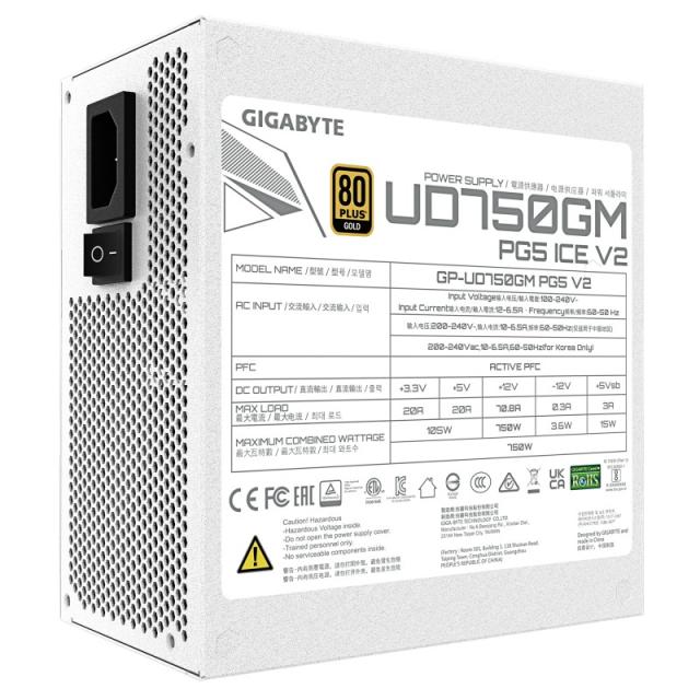 GIGABYTE - UD750GM PG5 V2 ICE Fuente de Alimentación – PCIe Gen 5.1, 80 PLUS Gold, Diseño completamente modular, Ventilador de 1