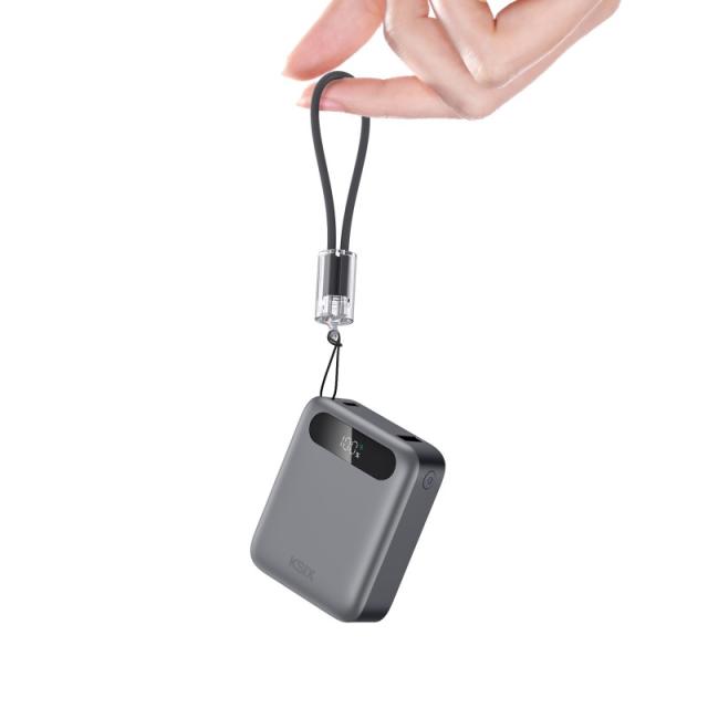 Ksix - Powerbank 10.000 mAh, Carga rápida 22,5 W PD, Carga simultánea, Cable Convertible USB-C + lazo, Pantalla LED, Gris