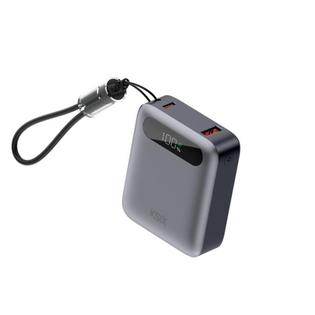 Ksix - Powerbank 10.000 mAh, Carga rápida 22,5 W PD, Carga simultánea, Cable Convertible USB-C + lazo, Pantalla LED, Gris