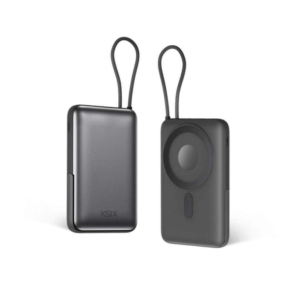 Ksix - Powerbank 10.000 mAh, Carga Rápida 22,5W PD, Compatible MagSafe® y AppleWatch®, Soporte integrado, Gris
