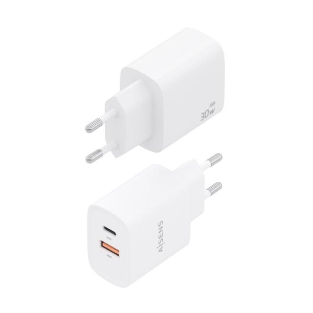 AISENS - Cargador GaN 30W, 1xUSB-C PD3.0 QC4.0, 1xUSB-A QC3.0, Blanco - A110-0952