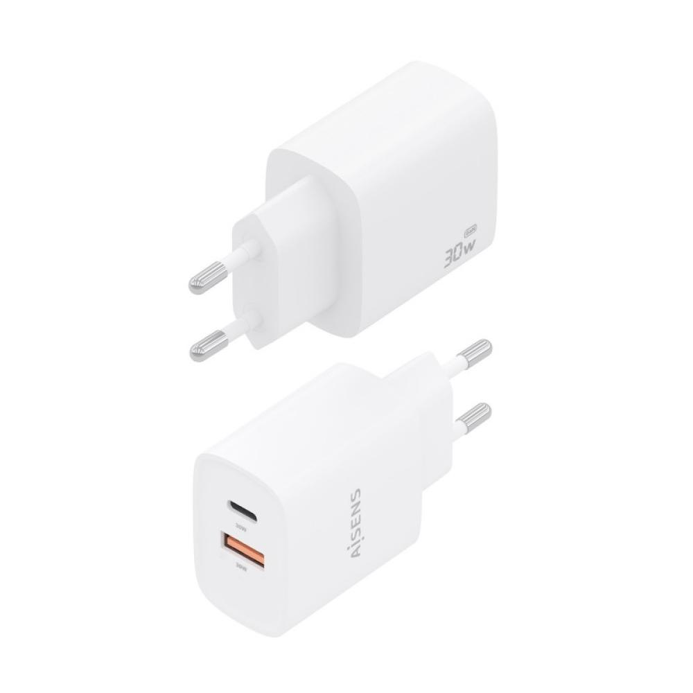 AISENS - Cargador GaN 30W, 1xUSB-C PD3.0 QC4.0, 1xUSB-A QC3.0, Blanco - A110-0952