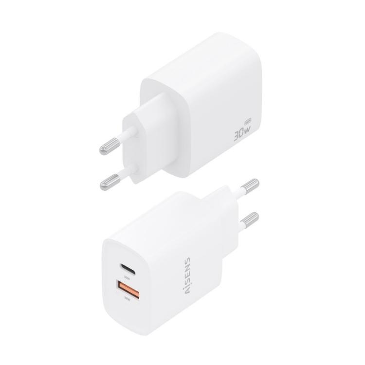 AISENS - Cargador GaN 30W, 1xUSB-C PD3.0 QC4.0, 1xUSB-A QC3.0, Blanco - A110-0952