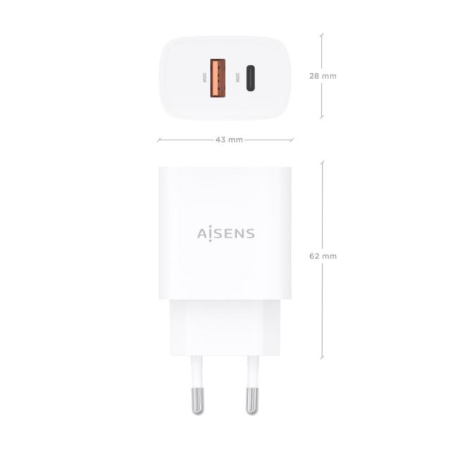 AISENS - Cargador GaN 30W, 1xUSB-C PD3.0 QC4.0, 1xUSB-A QC3.0, Blanco - A110-0952