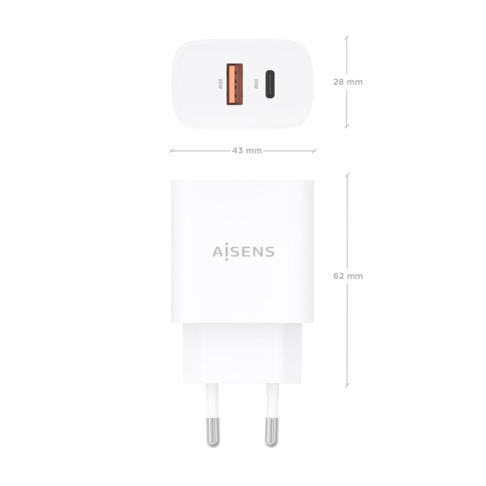AISENS - Cargador GaN 30W, 1xUSB-C PD3.0 QC4.0, 1xUSB-A QC3.0, Blanco - A110-0952