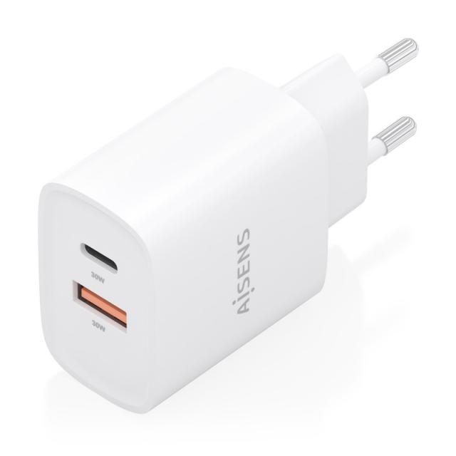 AISENS - Cargador GaN 30W, 1xUSB-C PD3.0 QC4.0, 1xUSB-A QC3.0, Blanco - A110-0952