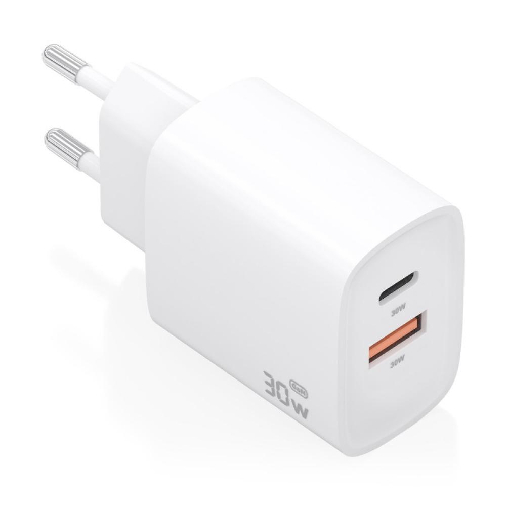 AISENS - Cargador GaN 30W, 1xUSB-C PD3.0 QC4.0, 1xUSB-A QC3.0, Blanco - A110-0952