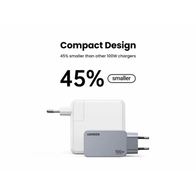 Ugreen - Nexode Pro EU 3-Port GaN PD Fast Charger With USB-C Cable Universal Negro, Gris Corriente alterna Carga rápida Interior