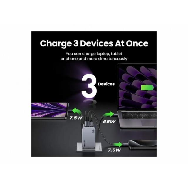 Ugreen - Nexode Pro EU 3-Port GaN PD Fast Charger With USB-C Cable Universal Negro, Gris Corriente alterna Carga rápida Interior