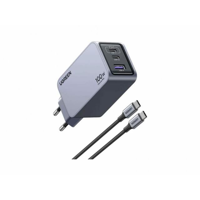 Ugreen - Nexode Pro EU 3-Port GaN PD Fast Charger With USB-C Cable Universal Negro, Gris Corriente alterna Carga rápida Interior