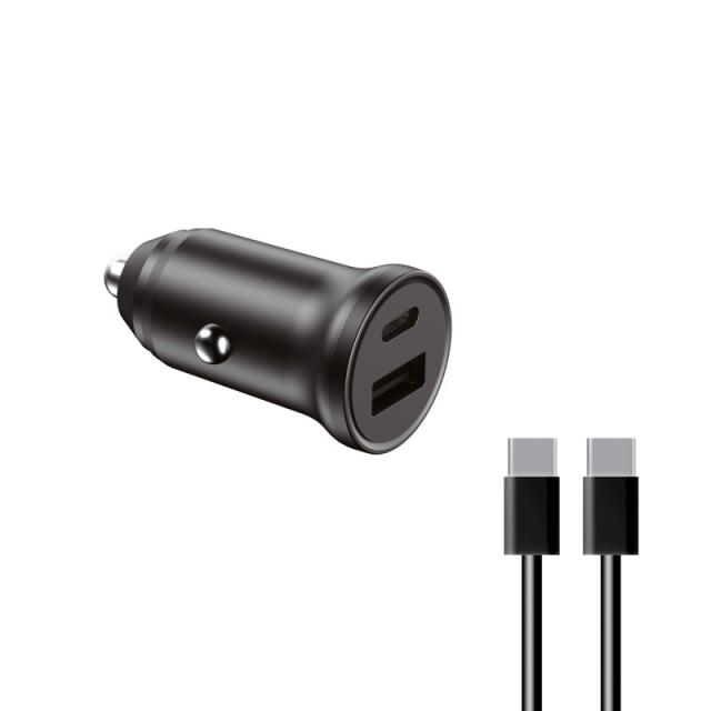 Ksix - Cargador de coche , 20W, Carga rápida, Power Delivery, Multipuerto USB-C y USB-A + cable USB-C a USB-C, Negro