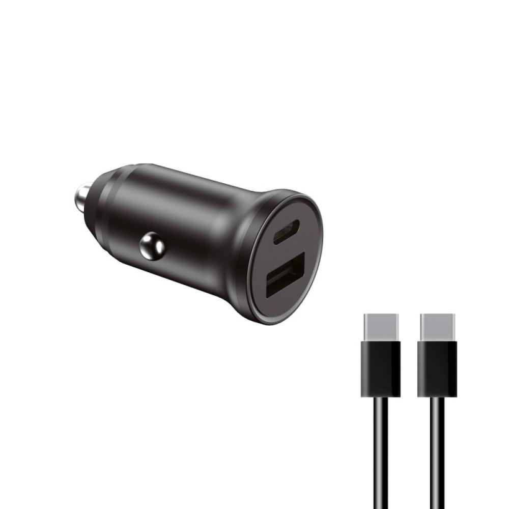 Ksix - Cargador de coche , 20W, Carga rápida, Power Delivery, Multipuerto USB-C y USB-A + cable USB-C a USB-C, Negro
