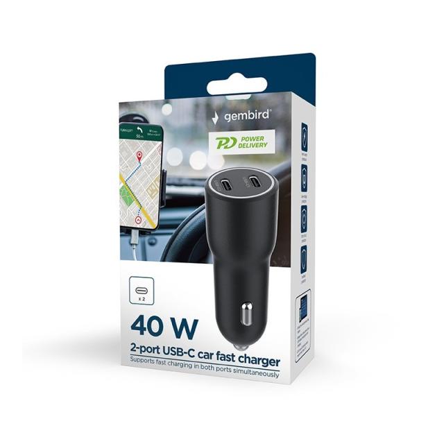 Gembird - TA-UC-C2PD40-CAR-01 cargador de dispositivo móvil Universal Negro Encendedor de cigarrillos Carga rápida Auto