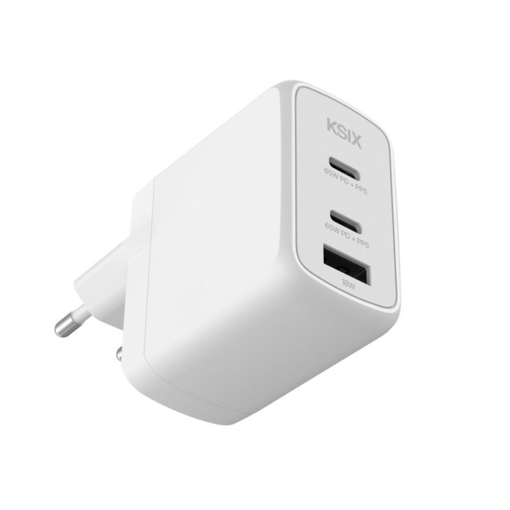 Ksix - Cargador de red 65W, GaN, PPS, Power Delivery, Materiales sostenibles, 2 x USB-C + 1 x USB-A, Blanco