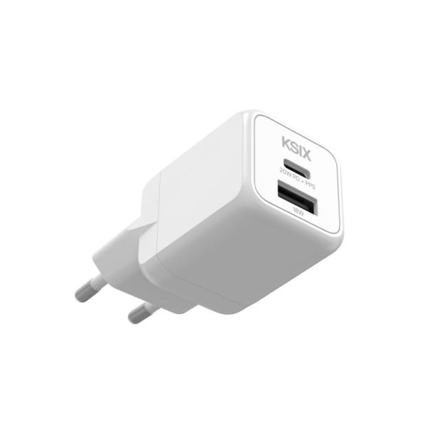 Ksix - Cargador de red 20W, GaN, PPS, Power Delivery, Materiales sostenibles, 1 x USB-C + 1 x USB-A, Blanco