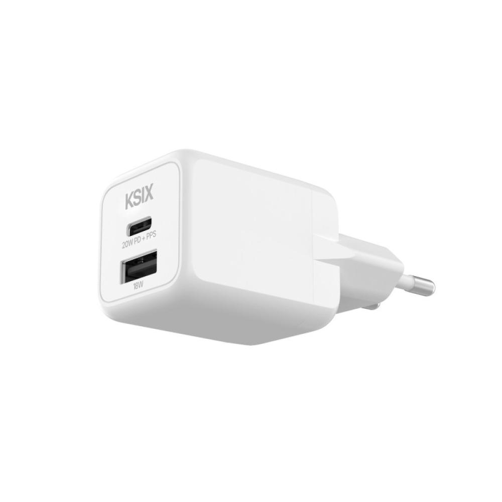 Ksix - Cargador de red 20W, GaN, PPS, Power Delivery, Materiales sostenibles, 1 x USB-C + 1 x USB-A, Blanco