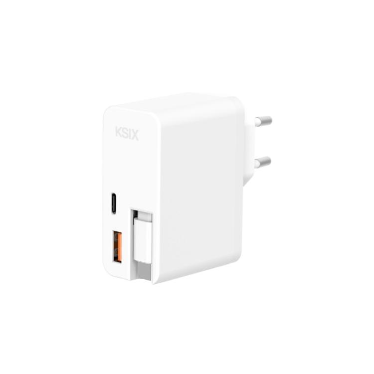 Ksix - Cargador ultrarrápido 65W con USB-C Power Delivery, USB-A Quick Charge y cable retráctil USB-C integrado