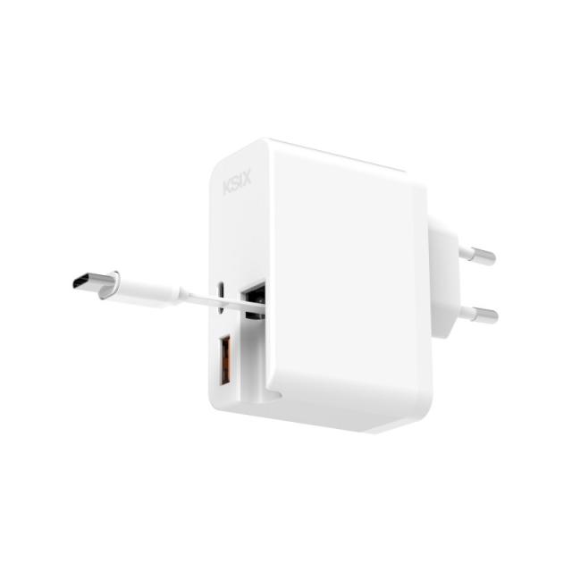 Ksix - Cargador ultrarrápido 65W con USB-C Power Delivery, USB-A Quick Charge y cable retráctil USB-C integrado