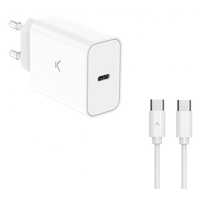 Ksix - Cargador de red 30 W, PPS, Power Delivery, Carga ultra rápida, USB-C + Cable USB-C a USB-C 60 W, 1 m, Blanco