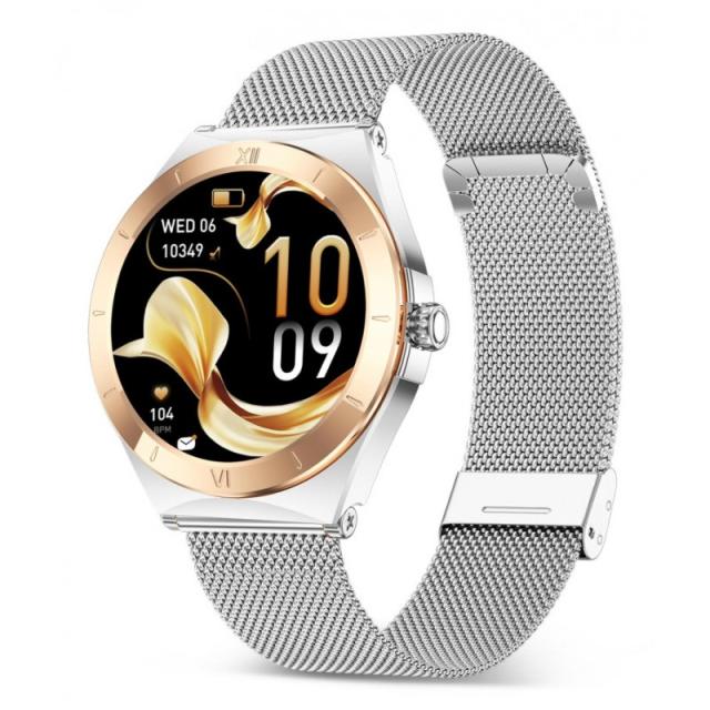 Ksix - Smartwatch Lya, Pantalla AMOLED 1.19", Autonomía 5 días, Correa metal y silicona, Modos deporte y salud, Llamadas, Plata