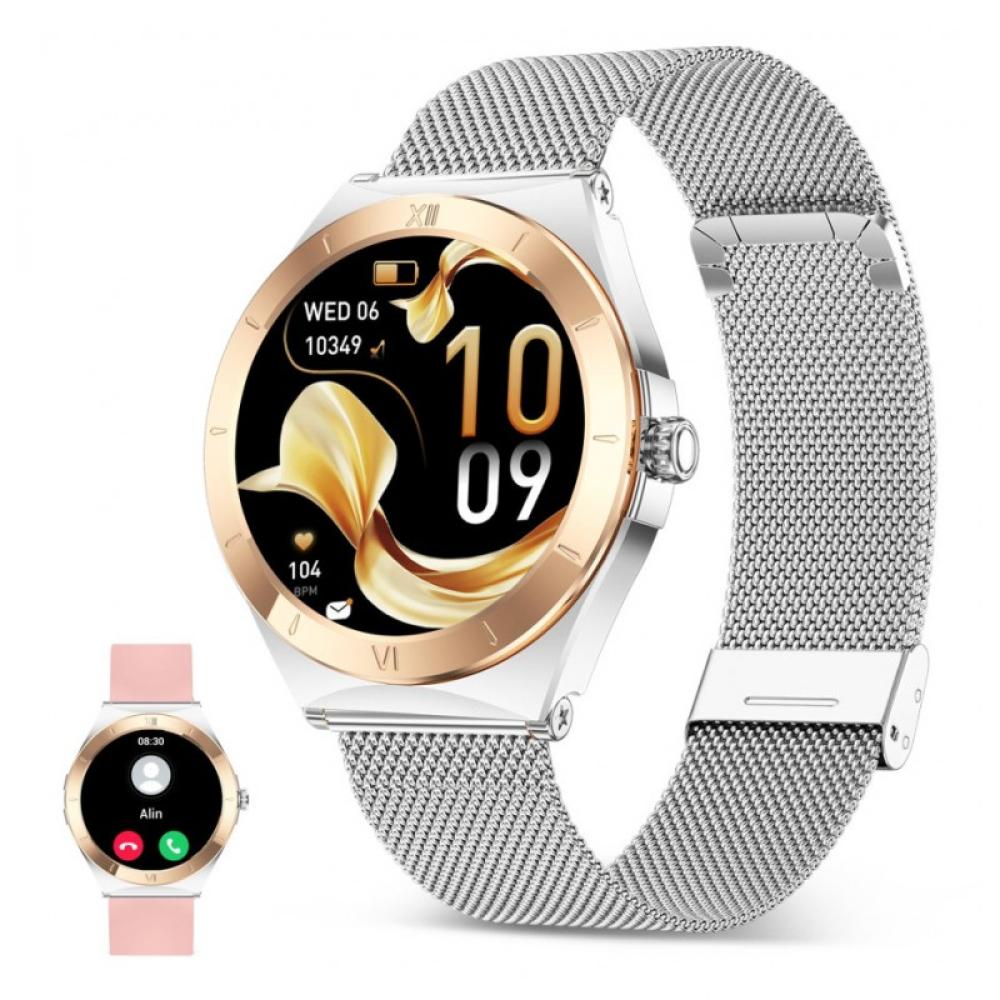 Ksix - Smartwatch Lya, Pantalla AMOLED 1.19", Autonomía 5 días, Correa metal y silicona, Modos deporte y salud, Llamadas, Plata
