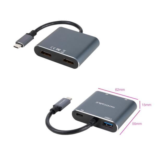 Nanocable - Conversor USB-C a 2xHDMI/USB2.0/PD, 15 cm, Gris