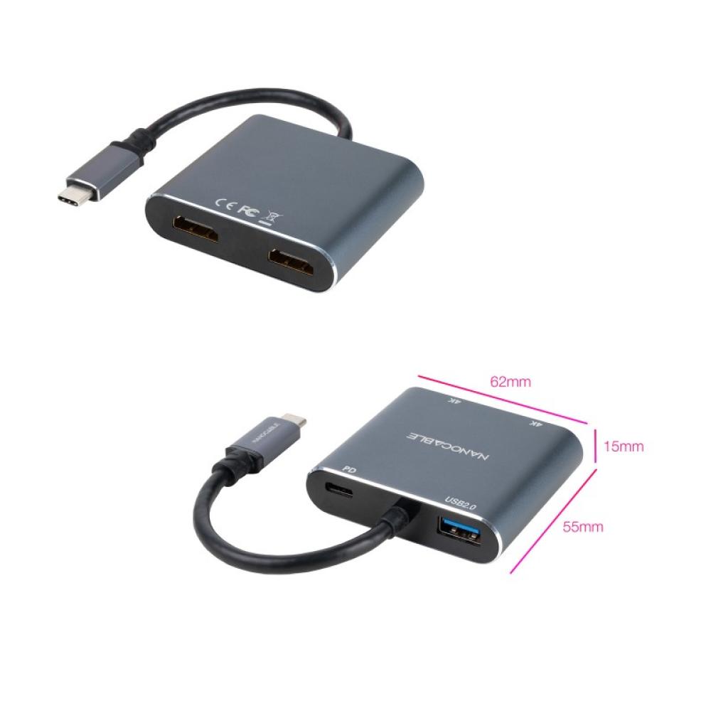 Nanocable - Conversor USB-C a 2xHDMI/USB2.0/PD, 15 cm, Gris